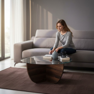 Minimalist coffee table made of glass wood X-legs modern style new