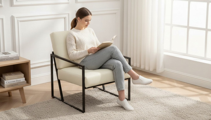 Exclusive armchair living room modern style beige fabric metal legs