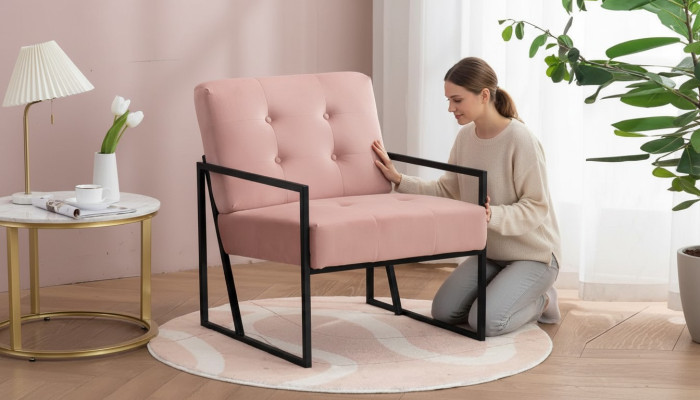 Comfortable Armchair 1-Seater Living Room Pink Textile Upholstery Metal Legs
