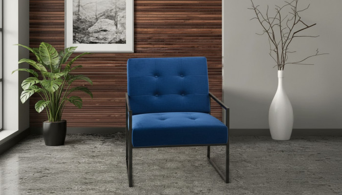 Armchair with one seat, blue upholstery, wooden frame, metal legs, luxurious.