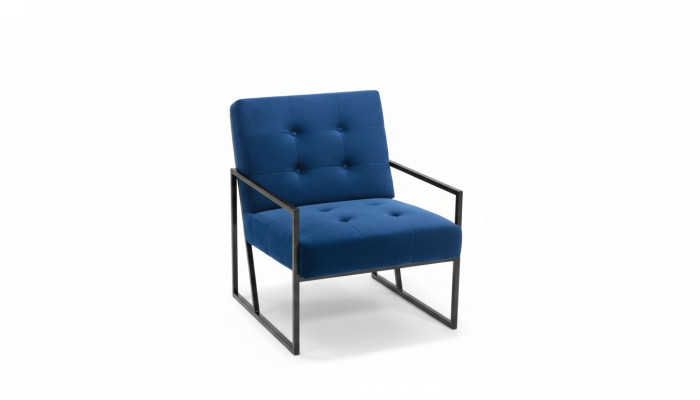 Armchair with one seat, blue upholstery, wooden frame, metal legs, luxurious.