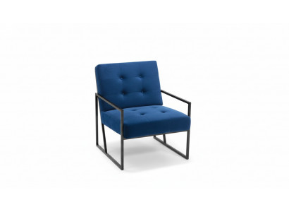 Armchair with one seat, blue upholstery, wooden frame, metal legs, luxurious.