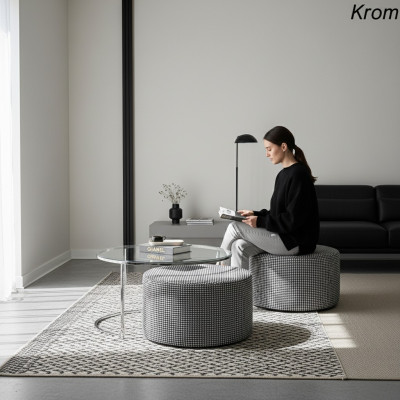 Living room set: coffee table glass and metal + upholstered stool