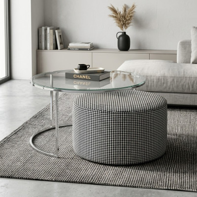 Living room set: coffee table glass and metal + upholstered stool