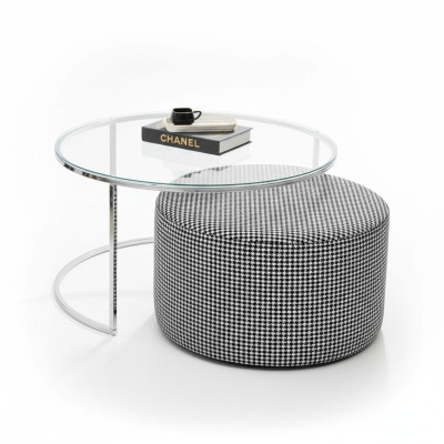 Living room set: coffee table glass and metal + upholstered stool