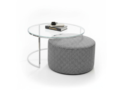 Living room set: coffee table glass and metal + upholstered stool