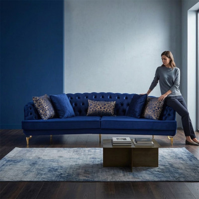 Blue Living Room Chesterfield Sofa Set Luxury Upholstered Sofas 4x Seater