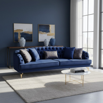 Blue Living Room Chesterfield Sofa Set Luxury Upholstered Sofas 4x Seater
