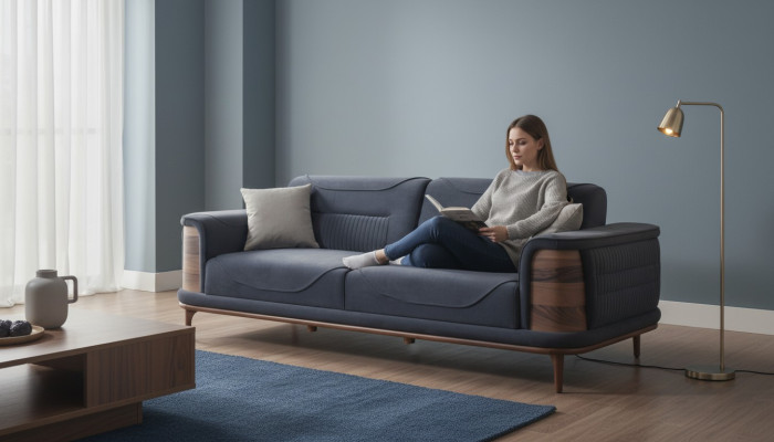 Two dark gray sofas in a modern style with wooden legs for a living room