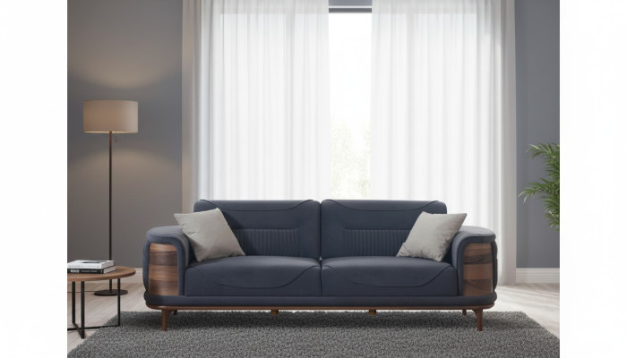 Two dark gray sofas in a modern style with wooden legs for a living room
