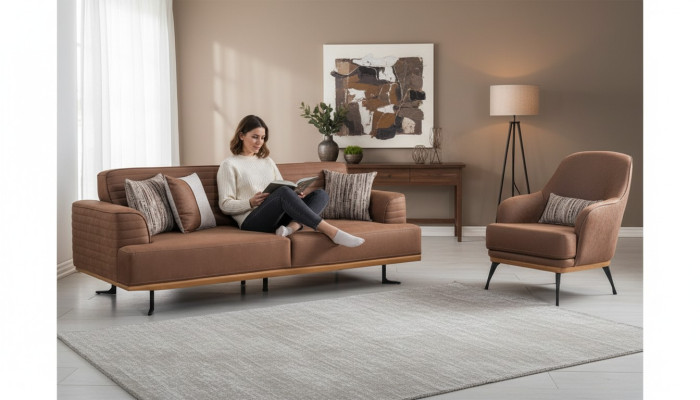 Luxury Sofa Set: Brown Three-Seater Sofa and Armchair for Living Room