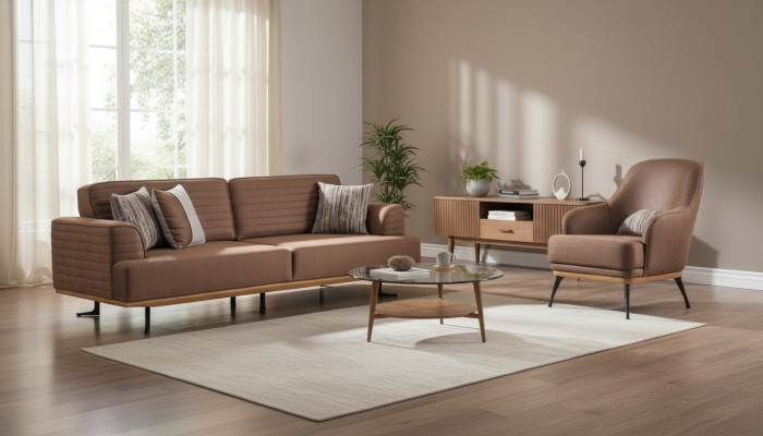 Luxury Sofa Set: Brown Three-Seater Sofa and Armchair for Living Room