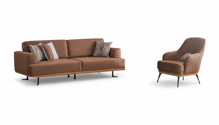 Luxury Sofa Set: Brown Three-Seater Sofa and Armchair for Living Room
