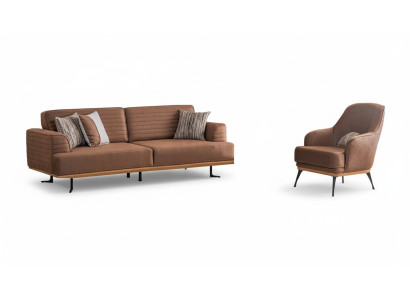 Luxury Sofa Set: Brown Three-Seater Sofa and Armchair for Living Room