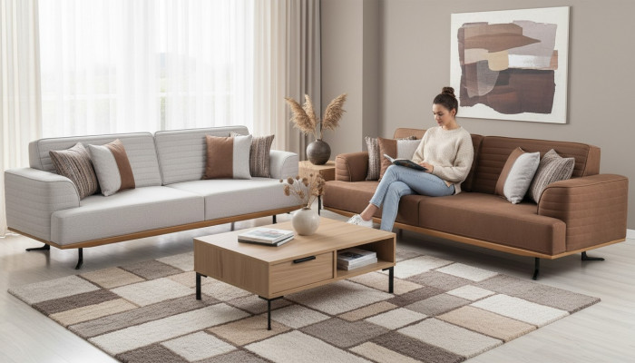 Modern three-seater sofa set in brown and gray color for the living room