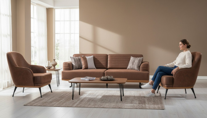 Modern three-seater sofa and armchair brown upholstered furniture set for living room
