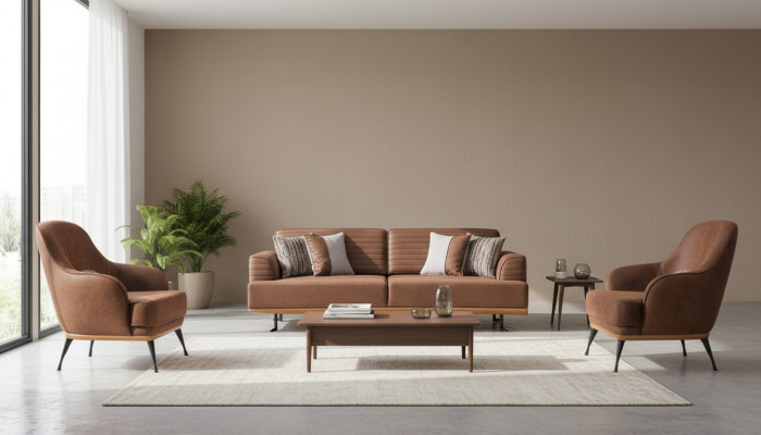 Modern three-seater sofa and armchair brown upholstered furniture set for living room