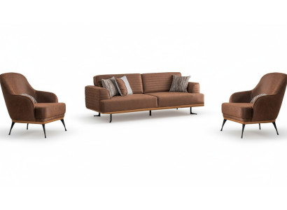 Modern three-seater sofa and armchair brown upholstered furniture set for living room