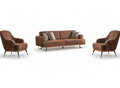 Modern three-seater sofa and armchair brown upholstered furniture set for living room