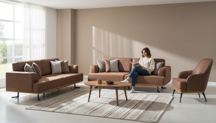 Exclusive three-seater sofas and armchairs for the living room in brown upholstery
