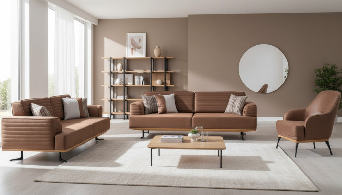 Exclusive three-seater sofas and armchairs for the living room in brown upholstery