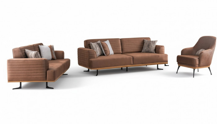 Exclusive three-seater sofas and armchairs for the living room in brown upholstery