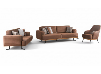 Exclusive three-seater sofas and armchairs for the living room in brown upholstery