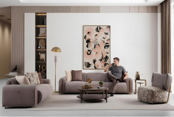 Gray living room seating ensemble, modern four-seater, noble three-seater armchair
