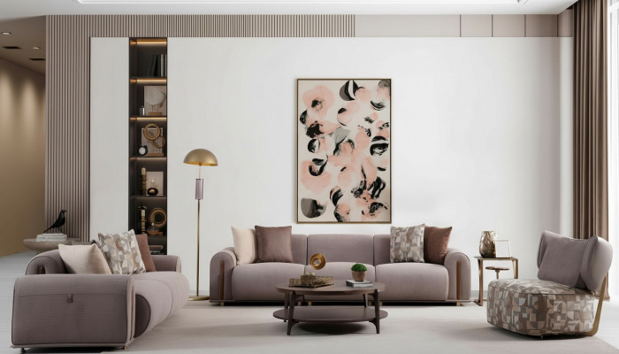 Gray living room seating ensemble, modern four-seater, noble three-seater armchair