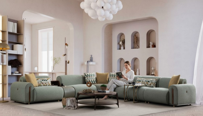 Light green textile sofa living room L-shaped corner couch designer upholstered furniture
