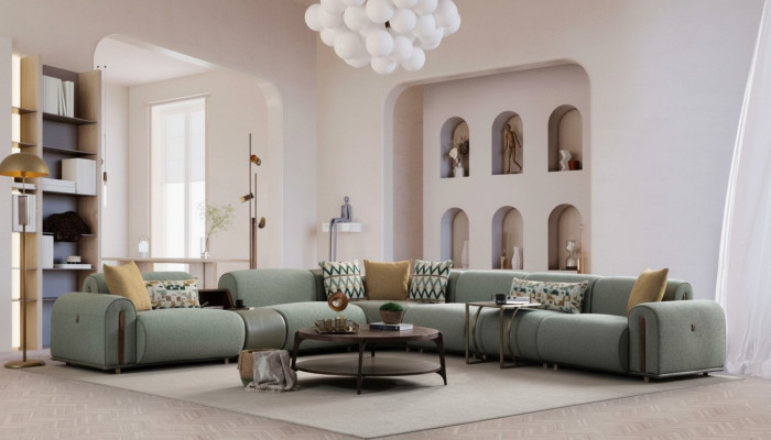 Light green textile sofa living room L-shaped corner couch designer upholstered furniture