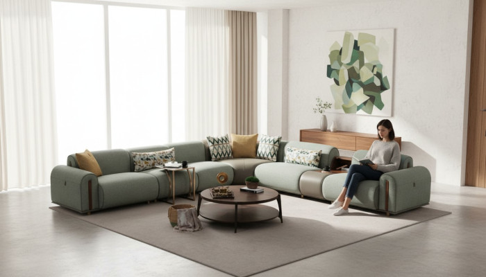 Stylish corner sofa designer living room couch L-shape elegant upholstered couch