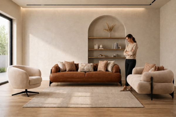 Brown-White Living Room Sofa Set Exclusive Three-Seater Sofas Armchair