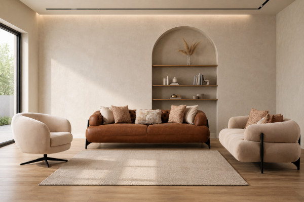 Brown-White Living Room Sofa Set Exclusive Three-Seater Sofas Armchair