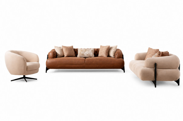 Brown-White Living Room Sofa Set Exclusive Three-Seater Sofas Armchair