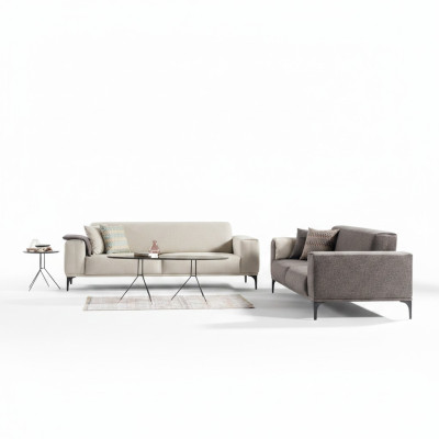 White-Grey Upholstered Sofas Designer Living Room Fabric Couches 2x 3-Seater