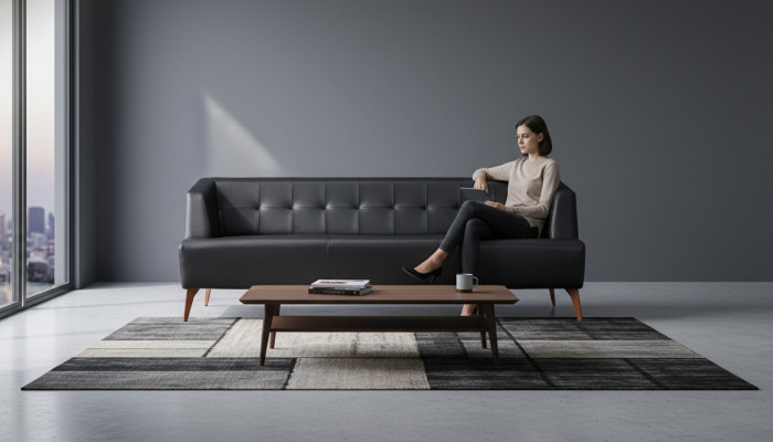 Stylish Black Three-Seater Modern Leather Sofa Living Room Sofa Bed