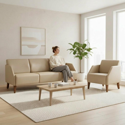 Beige living room leather set designer 3-seater exclusive armchair 2-piece set.