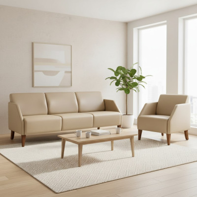 Beige living room leather set designer 3-seater exclusive armchair 2-piece set.