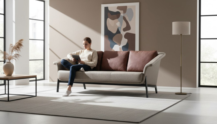 Gray upholstered sofa, designer fabric couch, living room three-seater furniture