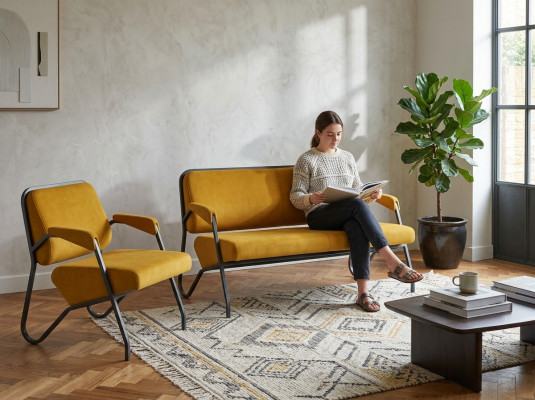 Luxurious Yellow Living Room Seating Set Designer 3-Seater Armchair 2-piece Set