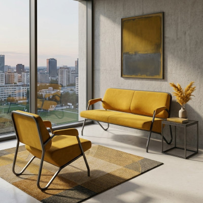 Luxurious Yellow Living Room Seating Set Designer 3-Seater Armchair 2-piece Set