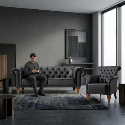 Black Chesterfield Seating Set Leather Sofa Modern Single Seater 2-Piece Set