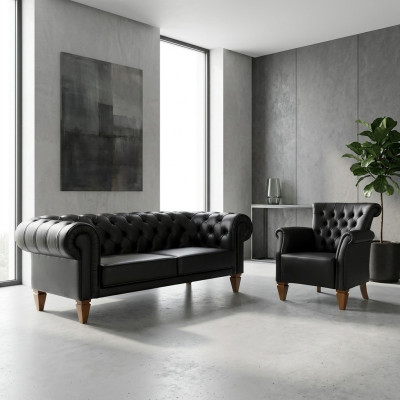 Black Chesterfield Seating Set Leather Sofa Modern Single Seater 2-Piece Set
