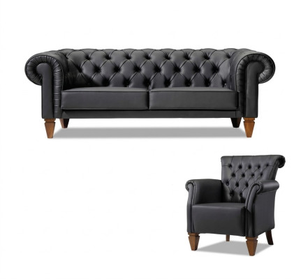 Black Chesterfield Seating Set Leather Sofa Modern Single Seater 2-Piece Set