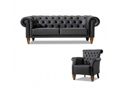 Black Chesterfield Seating Set Leather Sofa Modern Single Seater 2-Piece Set