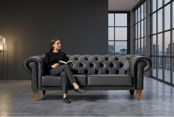 Stylish Chesterfield Black Three-Seater Modern Elegant Upholstered Furniture