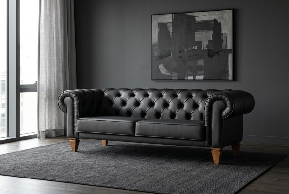 Stylish Chesterfield Black Three-Seater Modern Elegant Upholstered Furniture