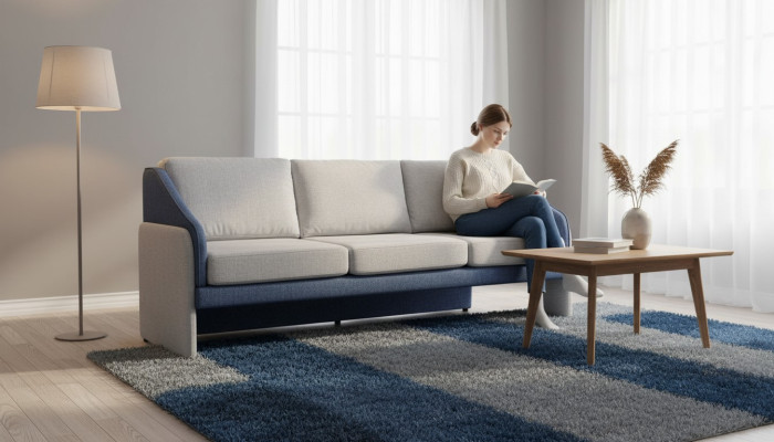 Gray-Blue Three-Seater Modern Upholstery Sofas Designer Living Room Couch