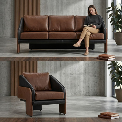 Brown-Black Leather Seating Ensemble Stylish Three-Seater Armchair 2-piece